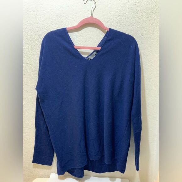 Vince Women’s 100% Cashmere Double V-Neck Sweater size L/G Blue Quiet Luxury - Picture 1 of 8